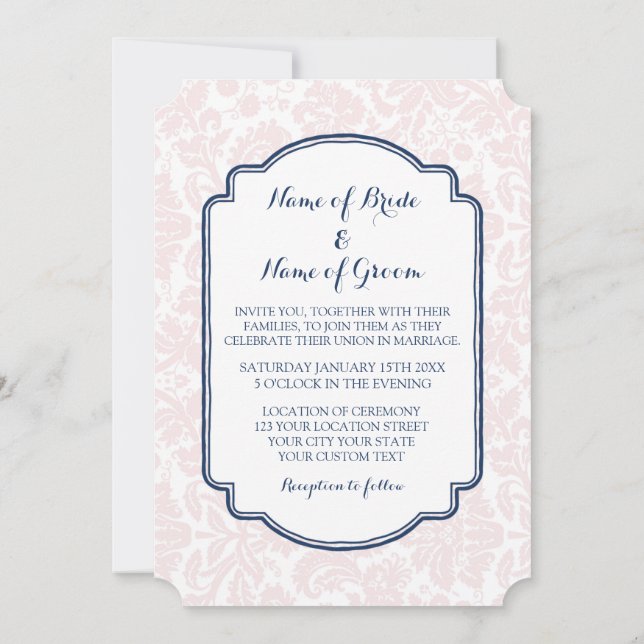 Convites De Casamento Blush Marinho Azul Damasco (Verso)
