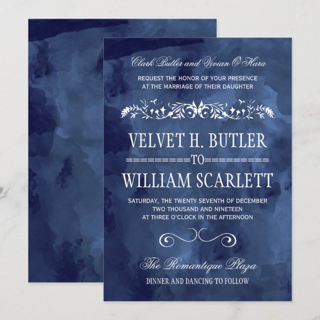 Convites de casamento Boêmian de marinho Watercolo (Frente/Verso)