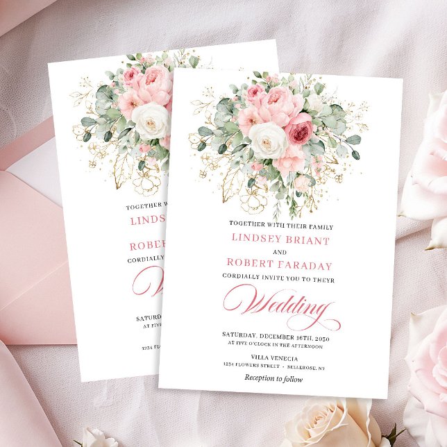 Convites de Casamento Boho Blush Peonias Folhagem  (Boho Blush Peonies Greenery Gold Wedding Invitation

)