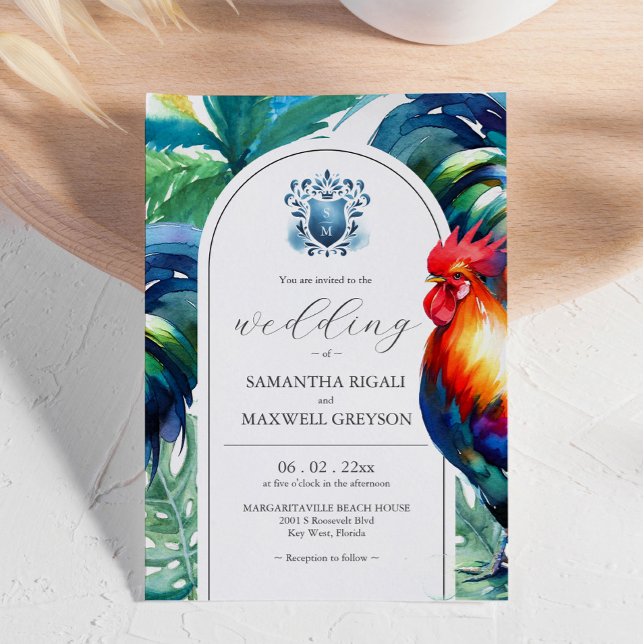 Convites de Casamento Bold Watercolor Key West (Bright and bold color wedding invitations feature rooster watercolor by Victoria Grigaliunas)