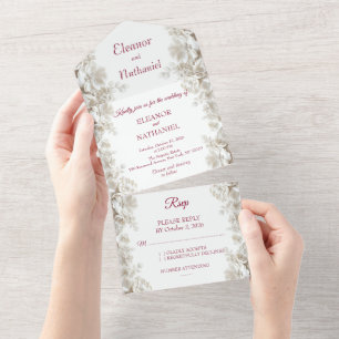 Convites de Casamento Burgundy Floral Branco Tri F