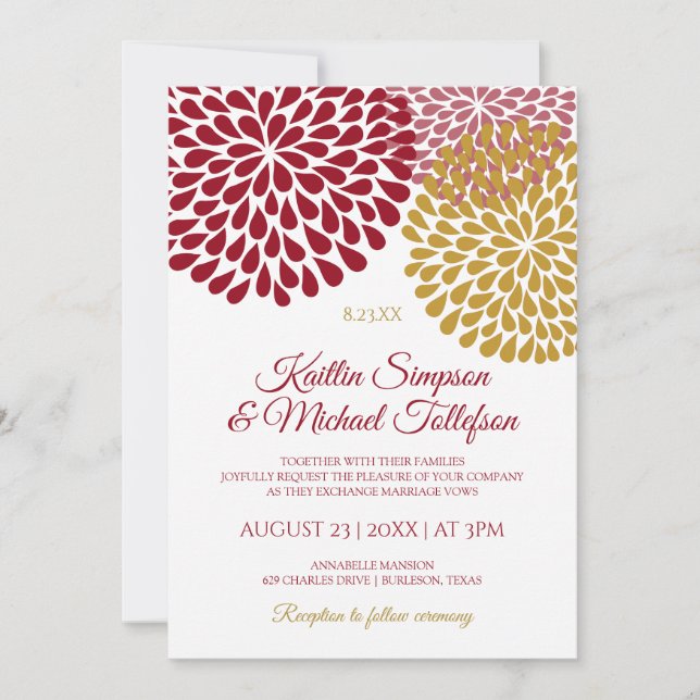 Convites de Casamento Burgundy & Gold | Florais &  (Frente)