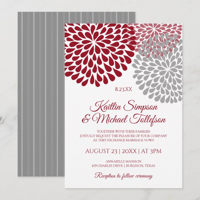 Convites de Casamento Burgundy & Gray | Florais &  (Frente/Verso)