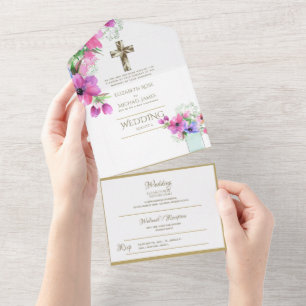 Convites de Casamento Católicos 3 em 1 Florais Dou