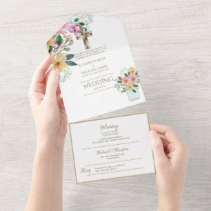 convites de casamento católicos 3in1 RSVP Dourado 