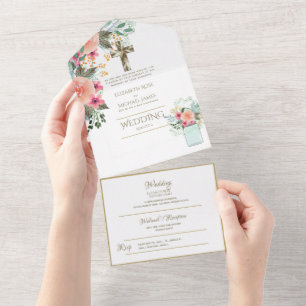 convites de casamento católicos 3in1 RSVP Dourado 