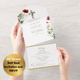 convites de casamento católicos 3in1 RSVP Dourado