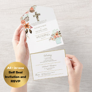 convites de casamento católicos 3in1 RSVP Dourado 