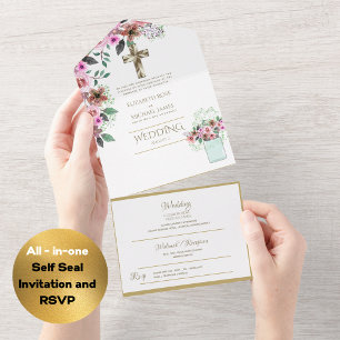 convites de casamento católicos 3in1 RSVP Dourado 