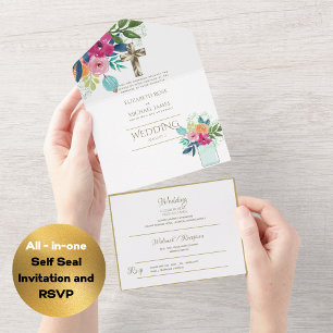 convites de casamento católicos 3in1 RSVP Dourado 