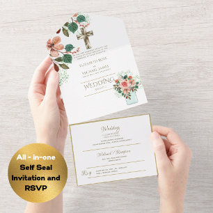 convites de casamento católicos 3in1 RSVP Dourado