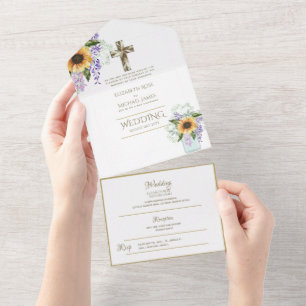 convites de casamento católicos 3in1 RSVP Dourado 