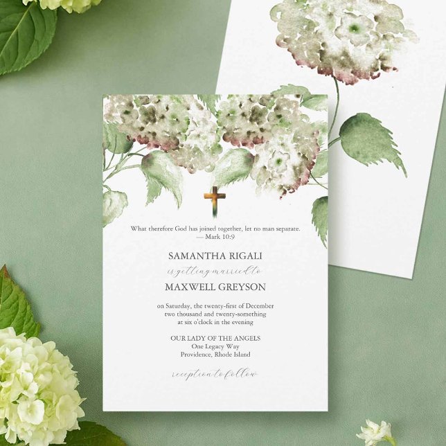 Convites de Casamento Católicos com Hortênsias Ver (Elegant Catholic wedding invitation with hand painted watercolor hydrangea flowers.)