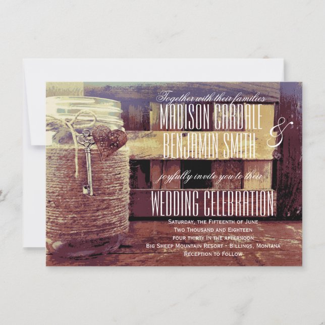 Convites de casamento Chave de Coração Mason Jar W (Frente)