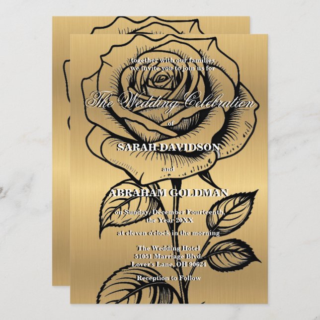 Convites de Casamento Clássico Rosa Negra Dourada (Frente/Verso)