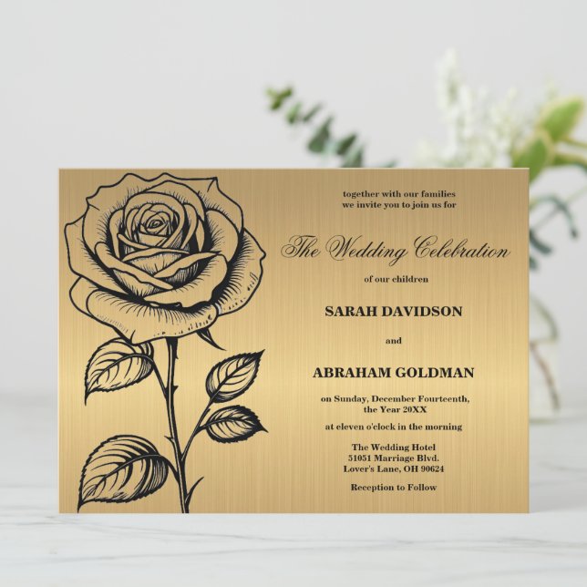 Convites de Casamento Clássico Rosa Preta Dourada (Em pé/Frente)