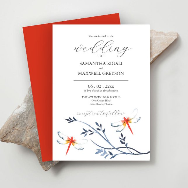 Convites de Casamento com Aquarela com Libélulas V (Red dragonfly wedding invitation features unique watercolor art by Victoria Grigaliunas)