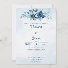 Convites de Casamento com Aquarela Floral Azul
