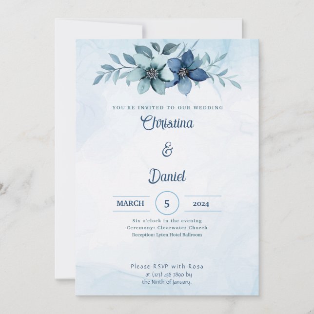Convites de Casamento com Aquarela Floral Azul (Frente)