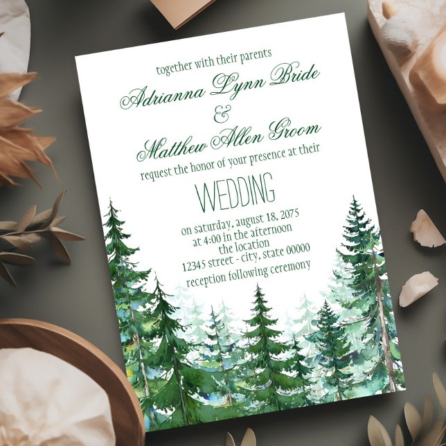 Convites de Casamento com Árvores de Abeto (Watercolor fir tree wedding invitations. You can add your own wording, font style and back color.)