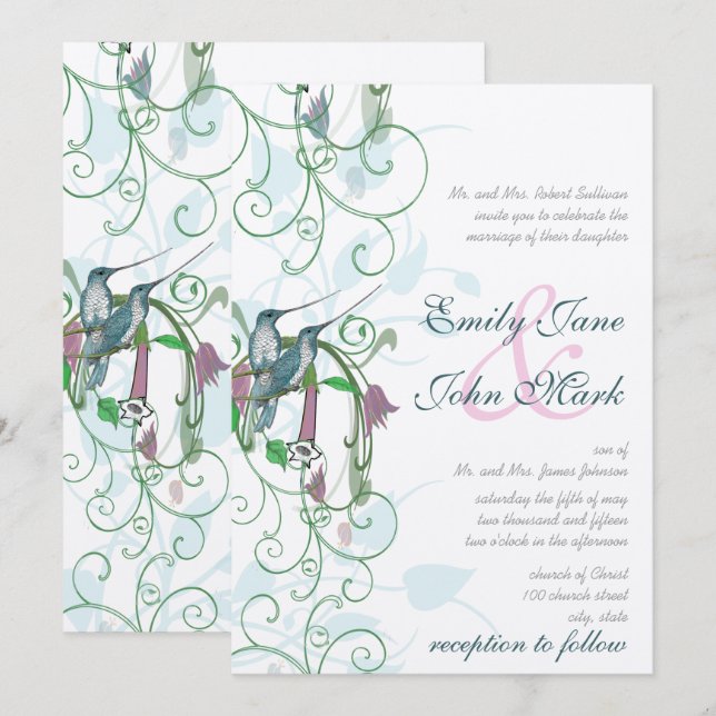 Convites de Casamento com Beija-flor Rosa Azul e V (Frente/Verso)