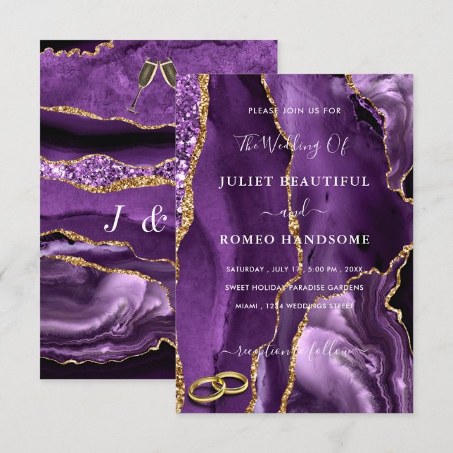 Convites de Casamento com Brilho Dourado Roxo Exem (Frente/Verso)
