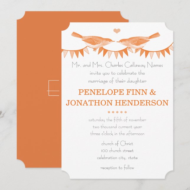Convites de Casamento com Bunting de Pássaros Vint (Frente/Verso)