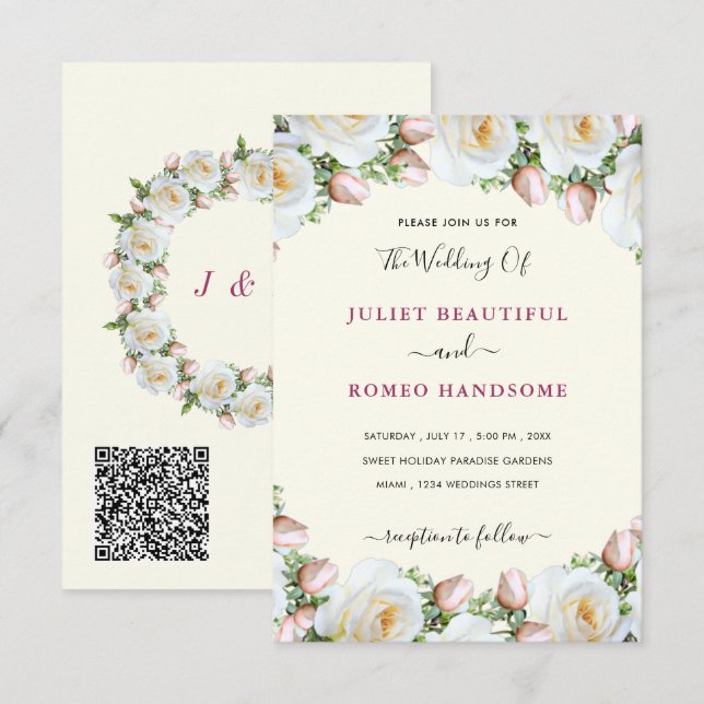 Convites de Casamento com Código QR de Rosas Branc (Frente/Verso)