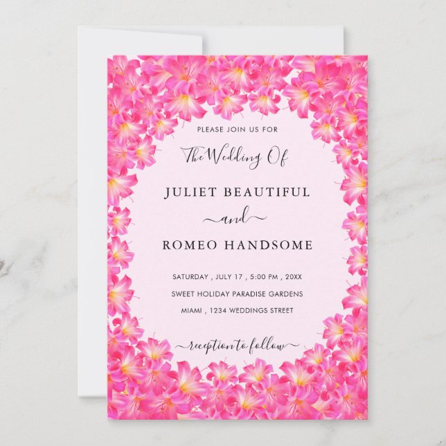 Convites de Casamento com Flores Cor-de-Rosa em Mo (Frente)