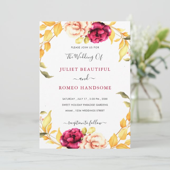 Convites de Casamento com Flores em Aquarela Exemp (Em pé/Frente)