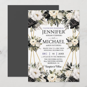 Convites de Casamento com Flores Florais em Preto