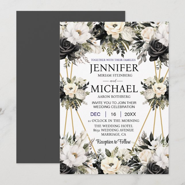 Convites de Casamento com Flores Florais em Preto  (Frente/Verso)