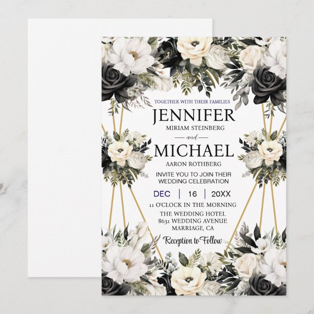 Convites de Casamento com Flores Florais em Preto  (Frente/Verso)