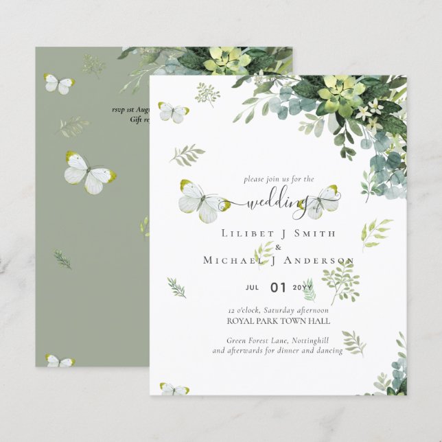 Convites de Casamento com Folhagens Verdes Elegant (Frente/Verso)