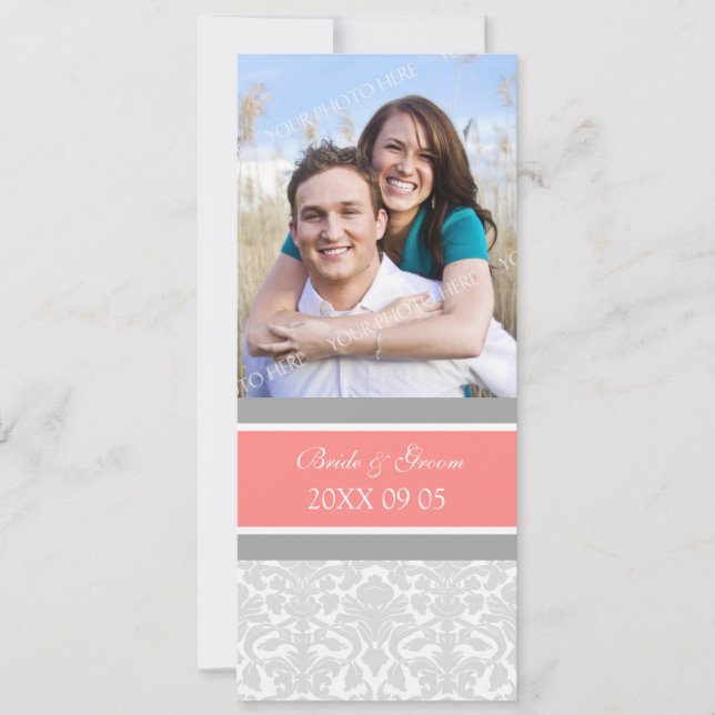 Convites de Casamento com Foto Damask Coral Cinza (Frente)