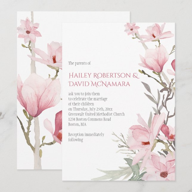Convites de Casamento com Magnólias Rosa e Folhage (Frente/Verso)
