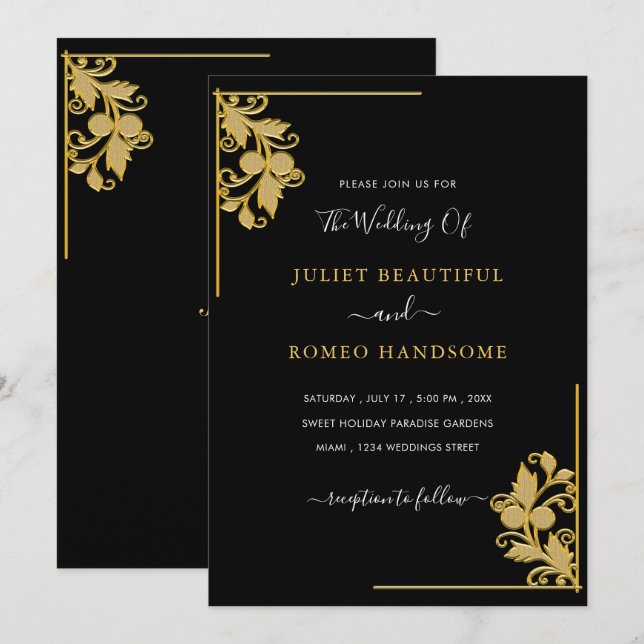 Convites de Casamento com Moldura Floral Dourada E (Frente/Verso)