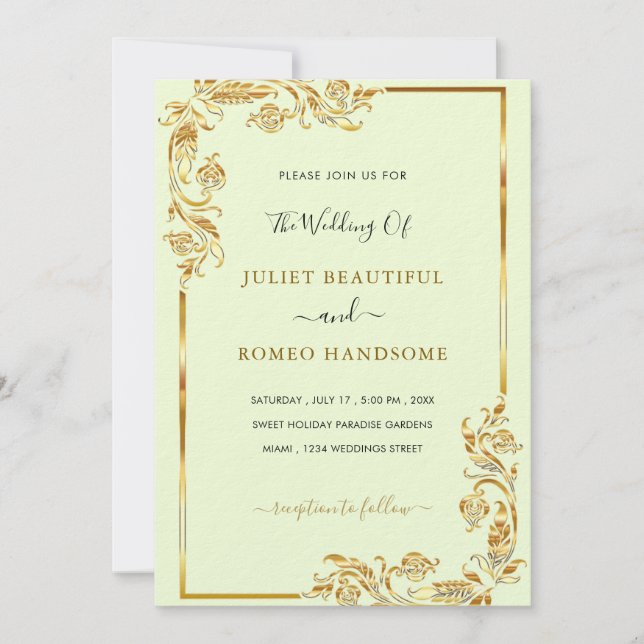 Convites de Casamento com Moldura Floral Dourada E (Frente)
