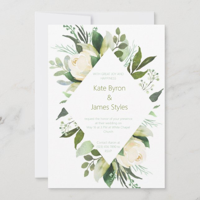 Convites de Casamento com Moldura Floral Verde e B (Frente)