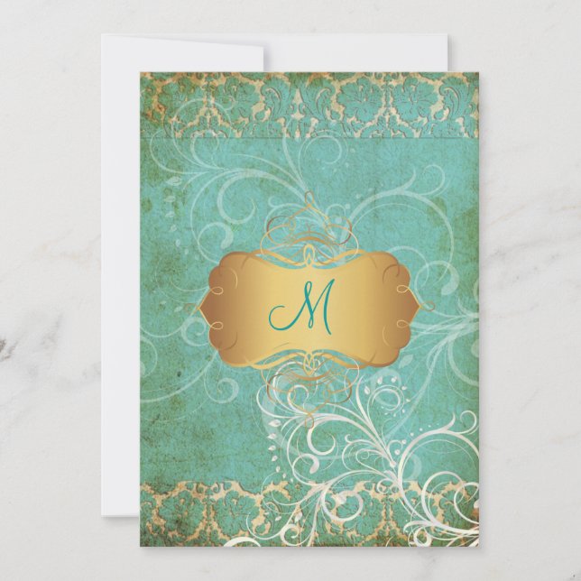 Convites de casamento com monograma damasco vintag (Frente)
