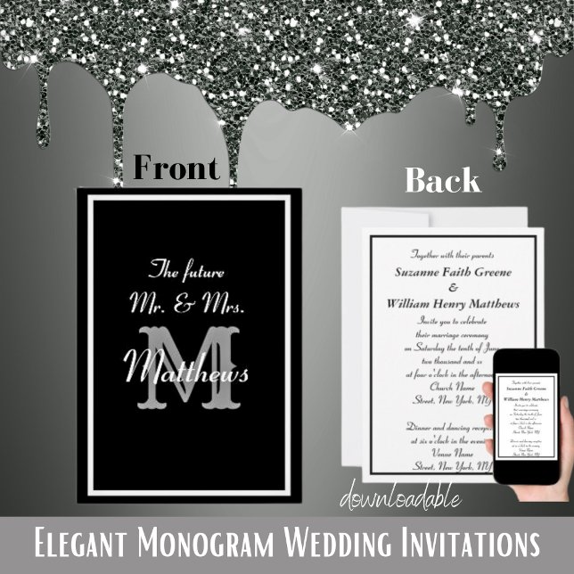 Convites de Casamento com Monograma do Futuro Sr.  (Elegant Mr Mrs Monogram Black Wedding Invitations)
