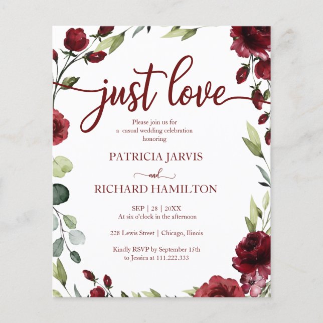 Convites de Casamento com Orçamento Just Love Red  (Frente)