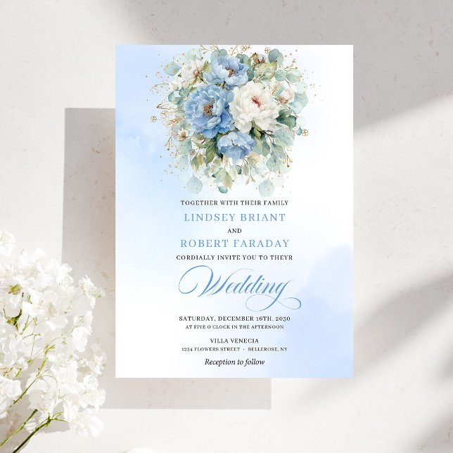 Convites de Casamento com Peônia Branca Azul Empoe (Botanical Dusty Blue White Peony Wedding Invitation)
