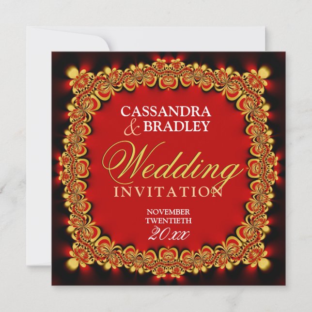 Convites de Casamento com Renda Dourada e Vermelha (Frente)