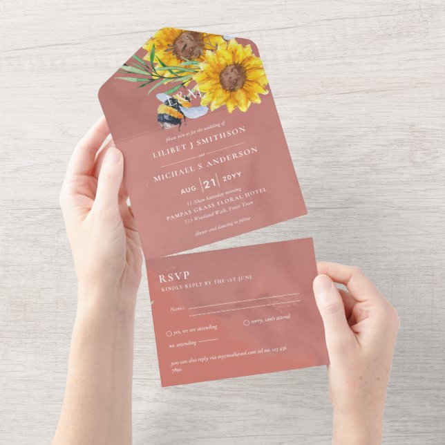Convites de Casamento com RSVP Girassóis Rústicos  (Tearaway)