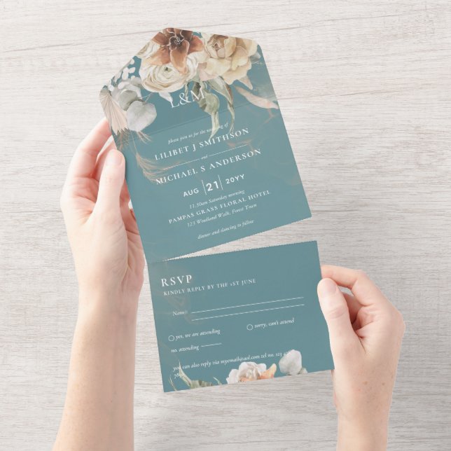 Convites de casamento com RSVP | Grama BOHO Pampas (Tearaway)