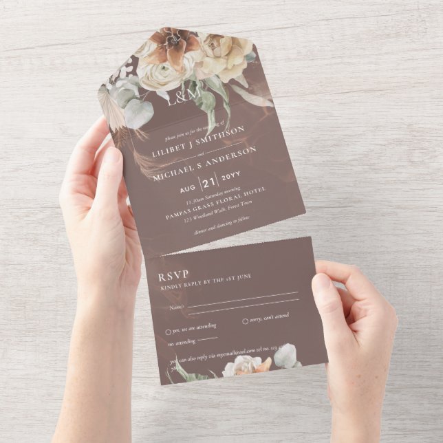 Convites de casamento com RSVP | Grama BOHO Pampas (Aba destacável)