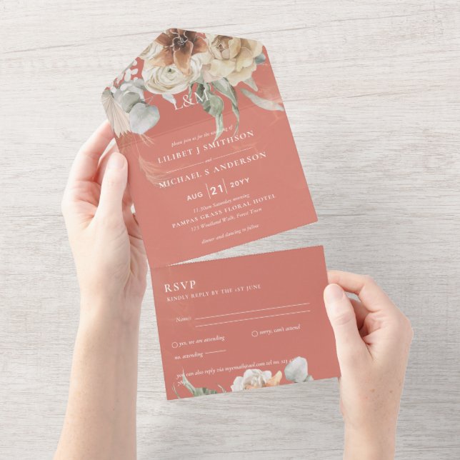 Convites de casamento com RSVP | Grama BOHO Pampas (Tearaway)