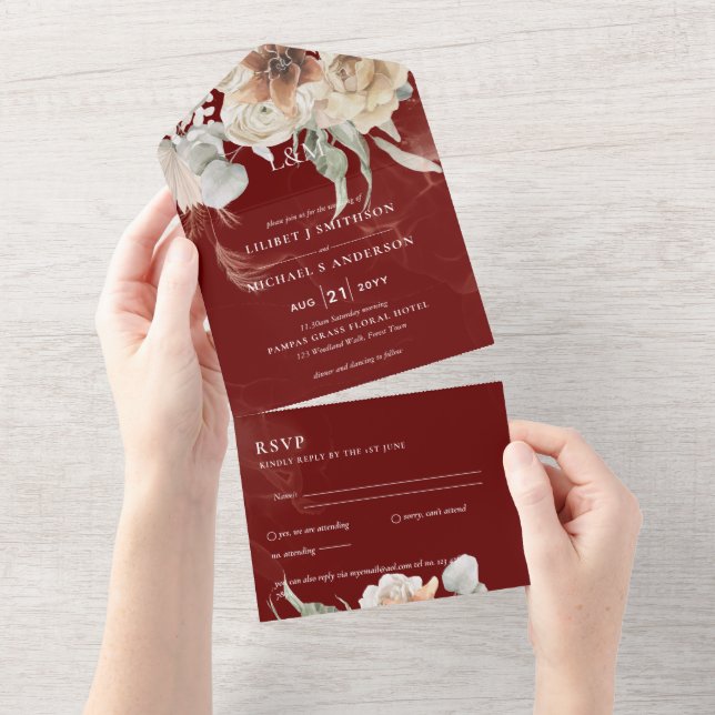 Convites de casamento com RSVP | Grama BOHO Pampas (Aba destacável)