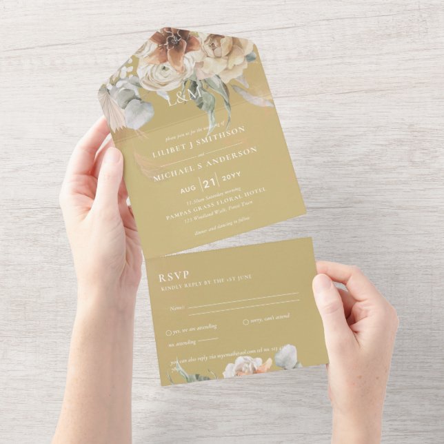 Convites de casamento com RSVP | Grama BOHO Pampas (Tearaway)